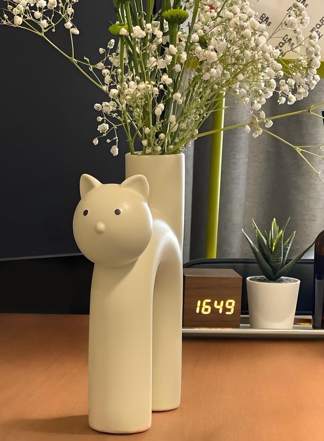 GeLive Cat Ceramic Vase Kitty Bud Vase Waterproof Flower Vase Plant Holder, Handmade Artistic Table Centerpieces Home Decor for Cat Lovers, Unique Gift Idea (Cream White) - Image 2